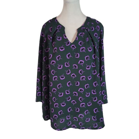 41 Hawthorne Size XXL Purple Flower Jade Green 3/4 Sleeve Blouse Hi-Low Top - Picture 1 of 10